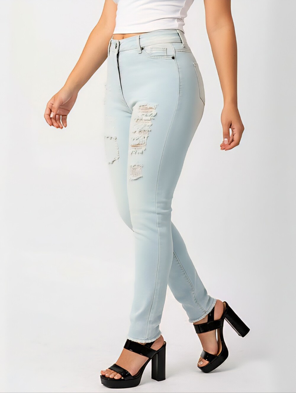 Skinny Distressed Jeans Womens Juniors Size 1 - 26 Waist High Rise Blue